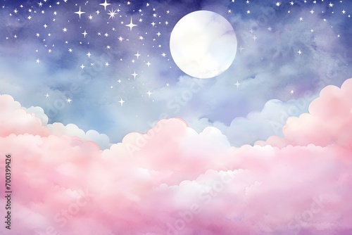 Watercolor magical landscape with pink clouds , starry purple sky and full moon painting background