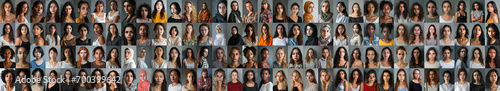 composite portrait of mug shots of different serious young women headshots, including all ethnic, racial, and geographic types of women in the world on gray background