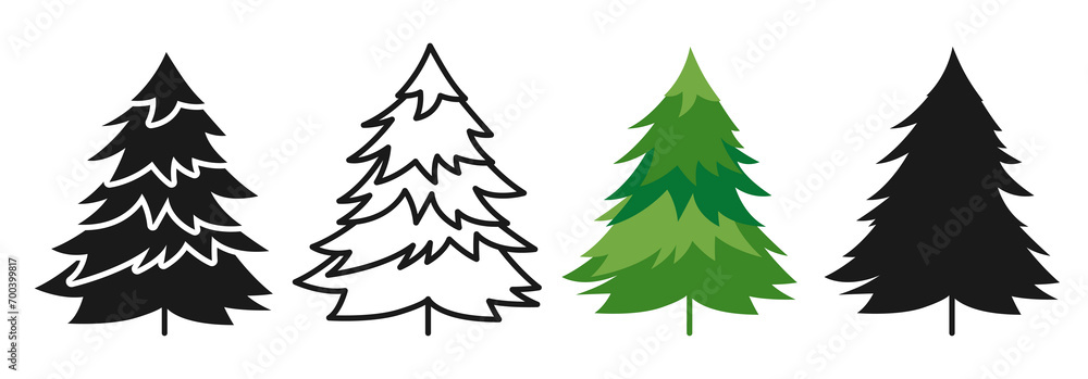 Christmas tree symbol cartoon and doodle, stamp stylized set. New Years and xmas traditional pine happy design for greeting card, invitation, banner, poster. Christmas trees abstract hand drawn vector