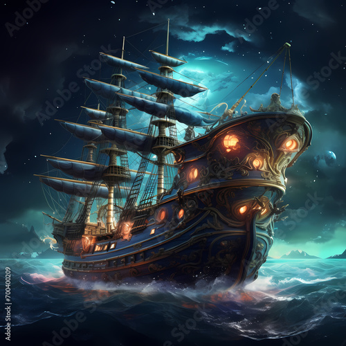 Time-traveling pirate ship on a cosmic ocean