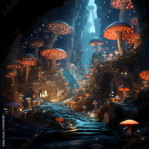 Underground city with glowing mushrooms