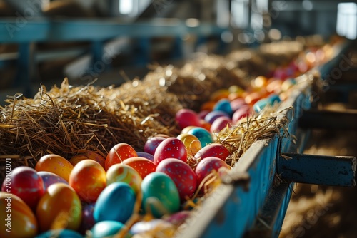 Vibrant Array: Colorfully Painted Easter Eggs on a Farm Conveyor.