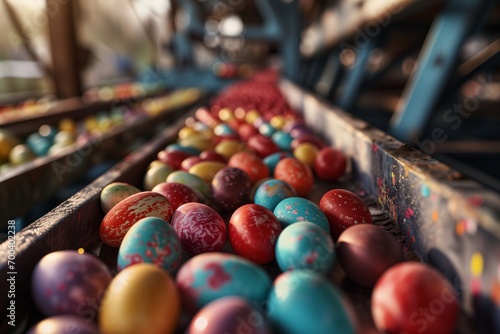 Mass Production of Painted Easter Eggs on conveyor. 