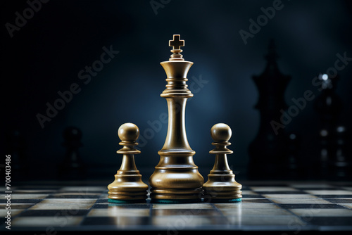 The King in battle chess game stand on chessboard with black isolated background. Business leader concept for market target strategy. Intelligence challenge and business competition success play
