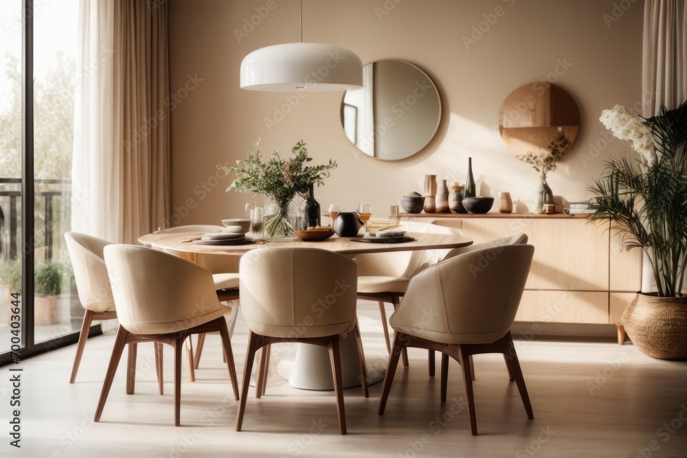 Japandi Stylish home interior design of light modern dining room with beige chairs at big round dining table