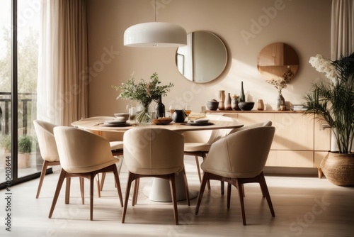 Japandi Stylish home interior design of light modern dining room with beige chairs at big round dining table