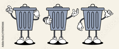 Trash bin set mascot of 70s groovy. Collection of cartoon,retro, groovy characters. Vector illustration.