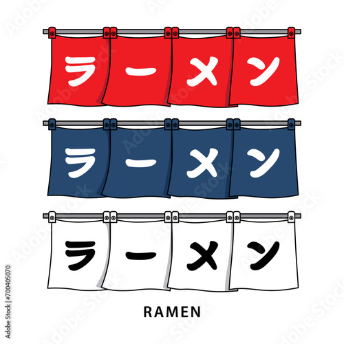 Vector illustration Japanese ramen house traditional horizontal entrance curtain. Translation : Ramen. In three color option.