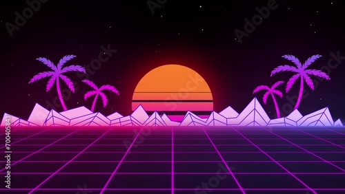 4K futuristic synthwave 80s style retro background video. Sci-fi seamless looping animation with two grid, palm tree, mountain and the sunset.