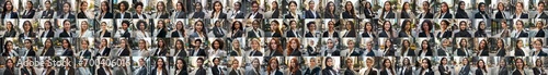 composite portrait of mug shots of different serious young businesswomen headshots, including all ethnic, racial, and geographic types of women in the world outside a city street