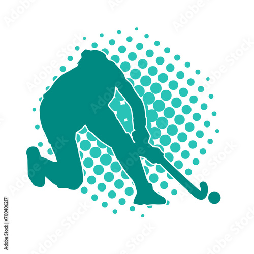 Silhouette of female field hockey athlete in action. Silhouette of a woman playing field hockey sport.