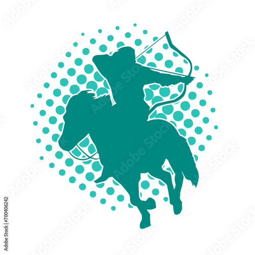 Silhouette of an ancient cavalry soldier aiming with archery weapon. Silhouette of an archer on his running horse.