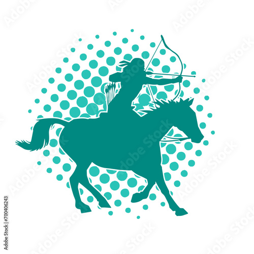 Silhouette of an ancient cavalry soldier aiming with archery weapon. Silhouette of an archer on his running horse.