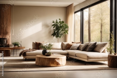 Interior home design of modern living room with beige sofa and round tree stump coffee table with forest view window © Basileus