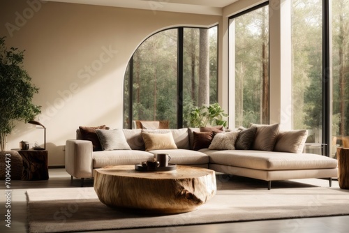 Interior home design of modern living room with beige sofa and round tree stump coffee table with forest view window photo