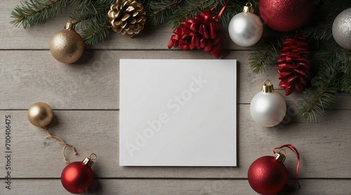 Empty Polaroid in between Christmas decorations on a wooden table. High Angle shot of an empty Polaroid picture. Generative AI.