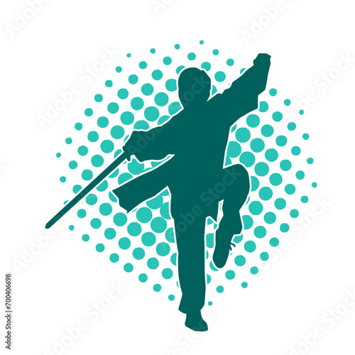 Silhouette of a kungfu or wushu martial art athlete in action pose. Silhouette of a male martial art person in pose with swords weapon.