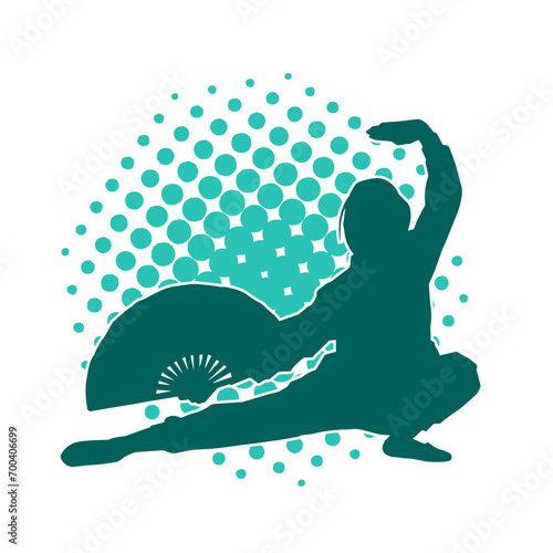 Silhouette of a woman in oriental martial art pose. Silhouette of a female in martial art move.