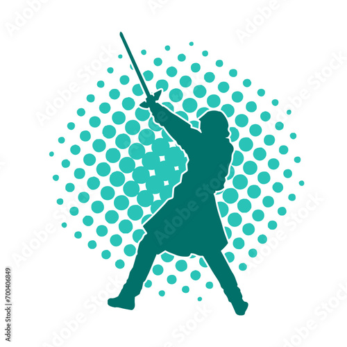Silhouette of a female warrior in action pose with her sword weapon. Silhouette of a woman fighter in action pose with sharp blade weapon.
