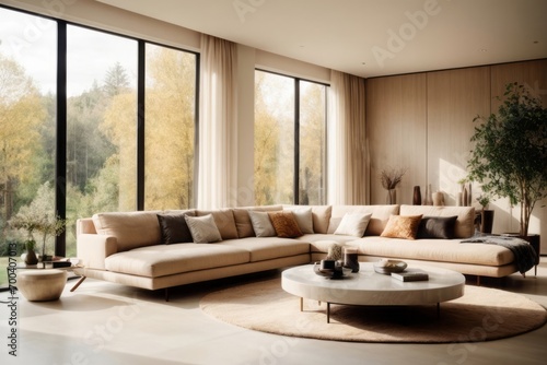 Interior home design of modern living room with cream colored sofa with forest view house window © Basileus