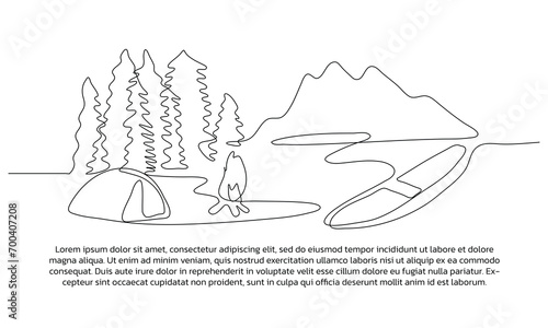 Continuous line design of camping on the coast watching the boats. Single line decorative elements drawn on a white background.