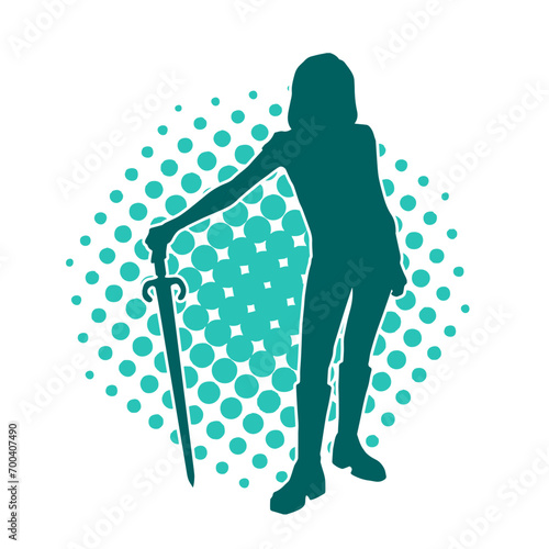Silhouette of a female fighter in action pose carrying sword weapon.