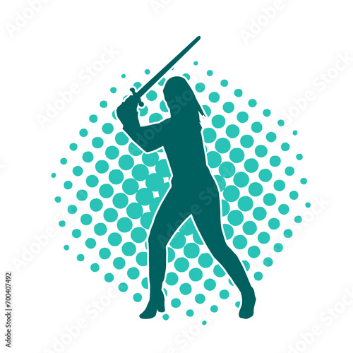 Silhouette of a female fighter in action pose carrying sword weapon.