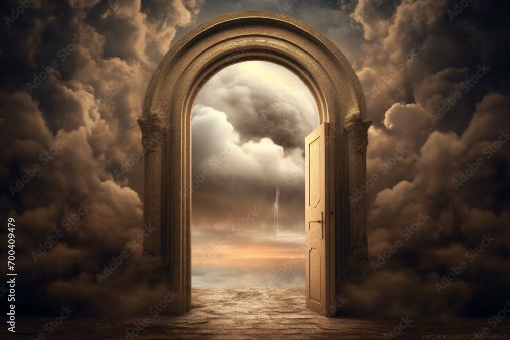 Doorway to paradise amidst atmospheric clouds. Generative AI