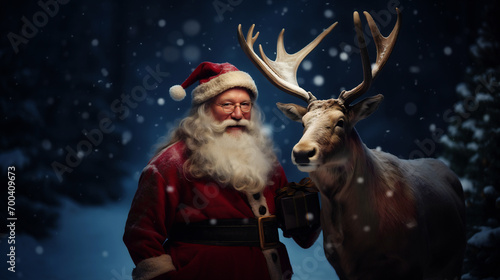 Santa Claus standing proudly beside his trusty reindeer companion.