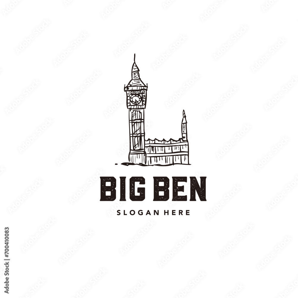 Naklejka premium Vintage hand-drawn Big Ben logo, classic and rustic, very elegant for a company.