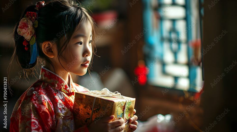 A cute Chinese girl in China holds a gift received from an adult. She is happy and innocent. Red gift box matches the Chinese New Year festival.