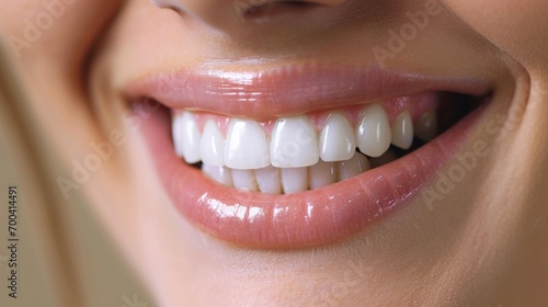 White teeth close up, beautiful smile of healthy woman. photo