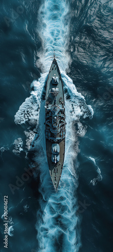 a large battleship is sailing across the open ocean