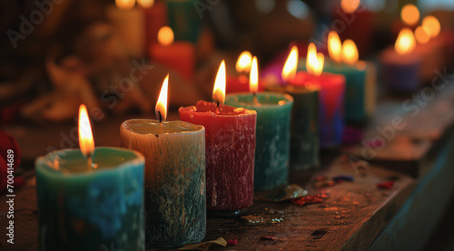 a display of colorful candles in the dark