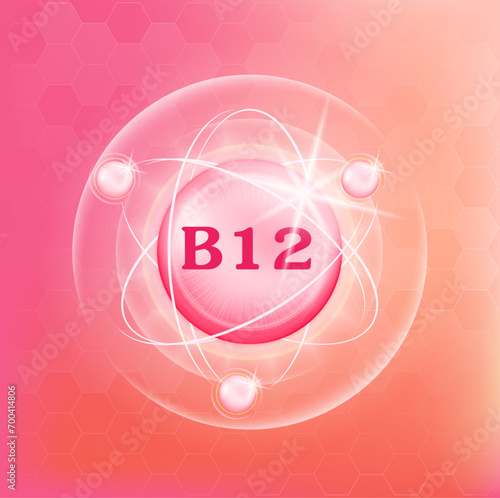 Vitamin B12 icon structure light pink substance. Medicine health symbol of thiamine. Drug business concept. Vector Illustration. 3D Vitamin complex with chemical formula. Personal care, beauty concept
