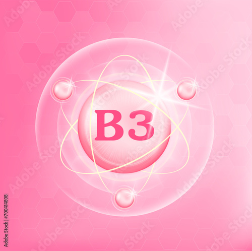 Vitamin B3 icon structure light pink substance. Medicine health symbol of thiamine. Drug business concept. Vector Illustration. 3D Vitamin complex with chemical formula. Personal care, beauty concept