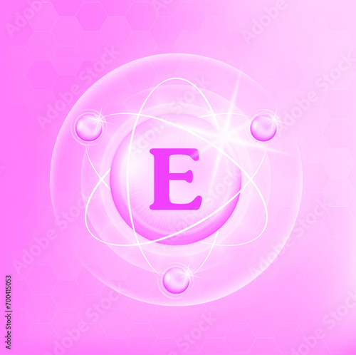 Vitamin E icon structure light pink, purple, white. Medicine health symbol of thiamine. 3D Vector Illustration. Complex with chemical formula. Personal care, beauty. Drug business concept.	
