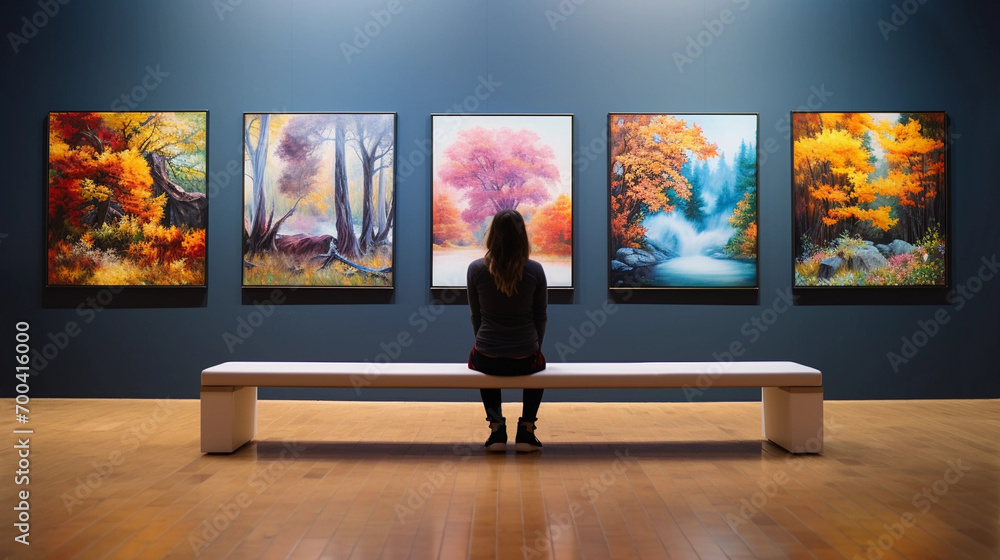 A Woman Seated on a Bench in an Art Gallery Looking at Paintings - obrazy, fototapety, plakaty 