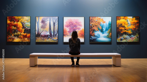 A Woman Seated on a Bench in an Art Gallery Looking at Paintings photo
