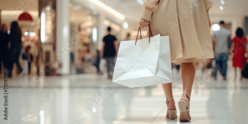 Woman walking and holding big white shopping bag in the shopping center, background with many people walk pass photo