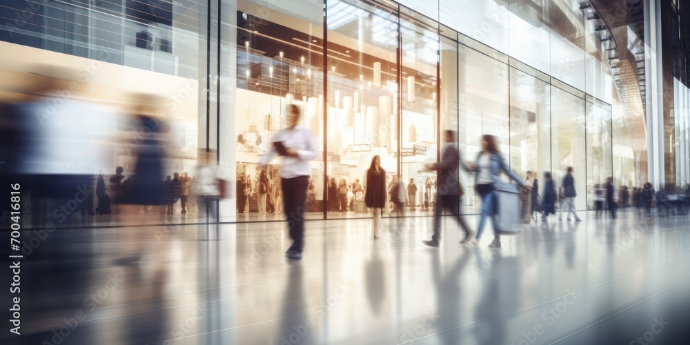 Blur people walking fast at modern mall shopping mall background 