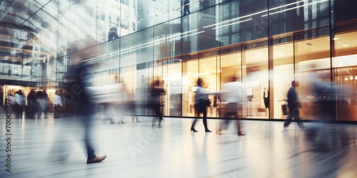 Blurred background of a modern shopping mall with some shoppers. Shoppers walking at shopping center, motion blur. Abstract motion blurred shoppers c