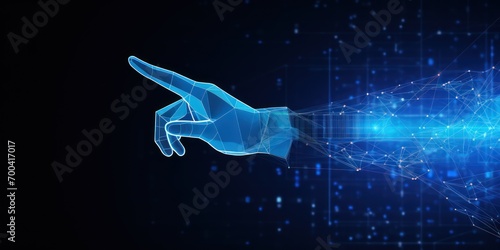 Abstract Digital Human Hand Touching on Glowing Dot. Low Poly Vector Illustration on Dark Blue Technological Background. Light Wireframe Connection Structure. Futuristic Technology Concept. 