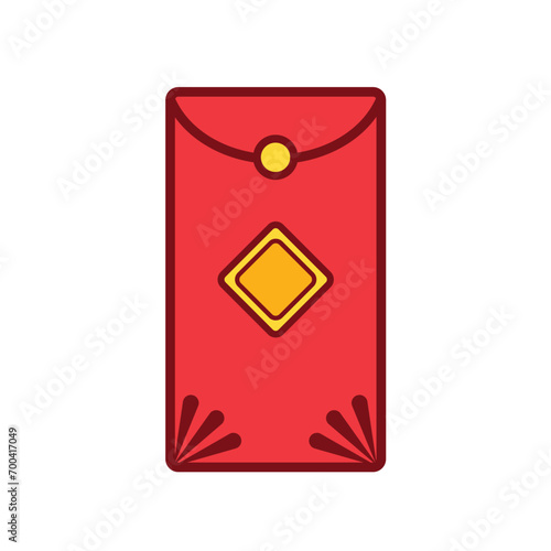 Angpao, angpow, ampao, or chinese lunar red envelope packet colored vector icon illustration with outline isolated on plain white background. Lunar chinese new year themed drawing.