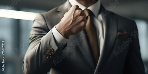 Close-up of a model's clenched fist, adorned with a sharp cufflink, pumping in triumph after a stock market surge, clothed in a luxurious tailored suit, 