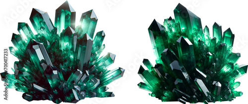 Set of two green Emerald crystals on transparent background