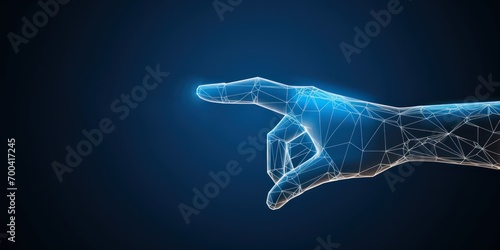 Abstract Digital Human Hand Touching on Glowing Dot. Low Poly Vector Illustration on Dark Blue Technological Background. Light Wireframe Connection Structure. Futuristic Technology Concept.
 photo
