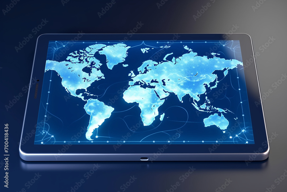 Tablet with projection map on the blue background Tablet with projection map on the blue background