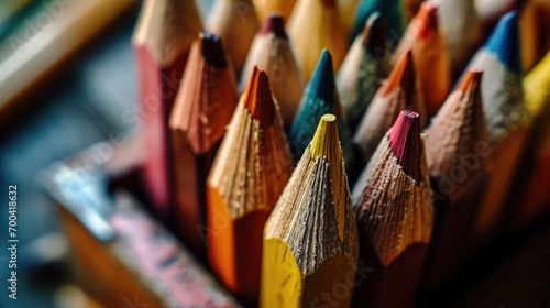 An image of sharpened colored pencils in a box.  photo