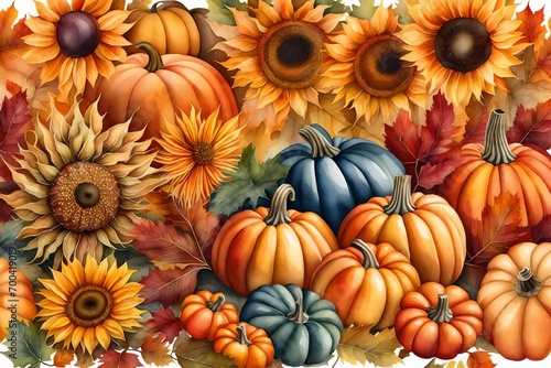 watercolor illustration. Harvest-themed autumnal composition including vintage-style pumpkins and sunflower blooms. Thanksgiving card d  cor  fall foliage  and harvest celebration.